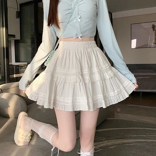 Summer Kawaii White Ruflles Skirt Women Fashion Slim Fit Mini Skirts Girls Y2k Versatile Elastic High Waist A-Line Back Faldas