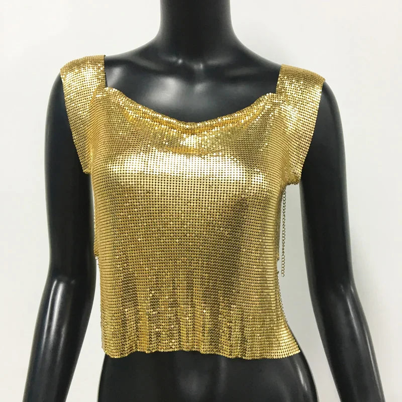 Women Metal Sequins Crop Tops Sexy Hollow Out Sleeveless Backless Y2k Tank Tops Nightclub Party Rave Festival Camisole 2023 New