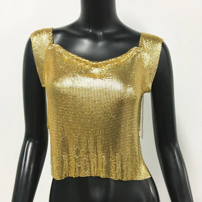 Women Metal Sequins Crop Tops Sexy Hollow Out Sleeveless Backless Y2k Tank Tops Nightclub Party Rave Festival Camisole 2023 New