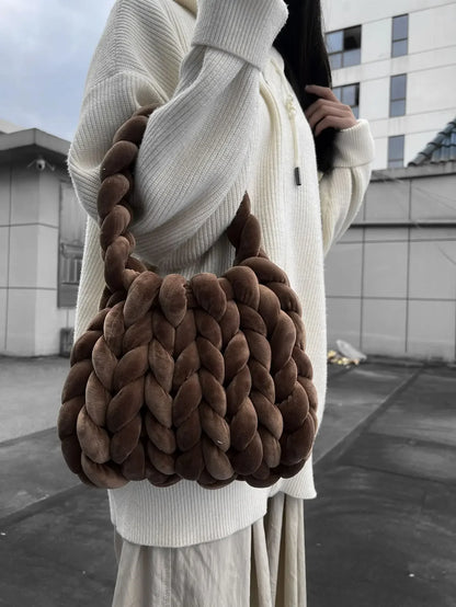 Velvet Bag DIY Hand Woven Bag Crystal Velvet Core Spun Yarn Woven Bag Hand-held Mailman Bag Velvet Handbag New