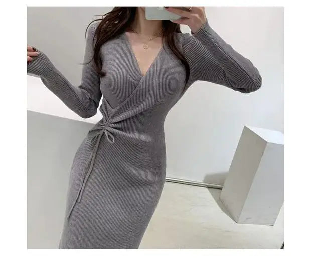 V-ne Knitted Wrap Waist Slimming Mid-length A-line Dr Women's Sweater Dr Korean Sle High Waist Long Sve