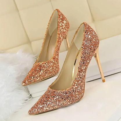 Women Luxury Bling Red  Blue Valentine Party Scarpins Pumps Lady Glitter Sequins 7cm 9.5cm High Heels Designer Shoes Plus Size