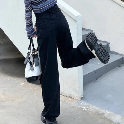 Hight Waist Denim Pant Women Jeans Vintage Straight Trousers Jeans Autumn Spring Fashion Female Black Casual Wide Leg Pants