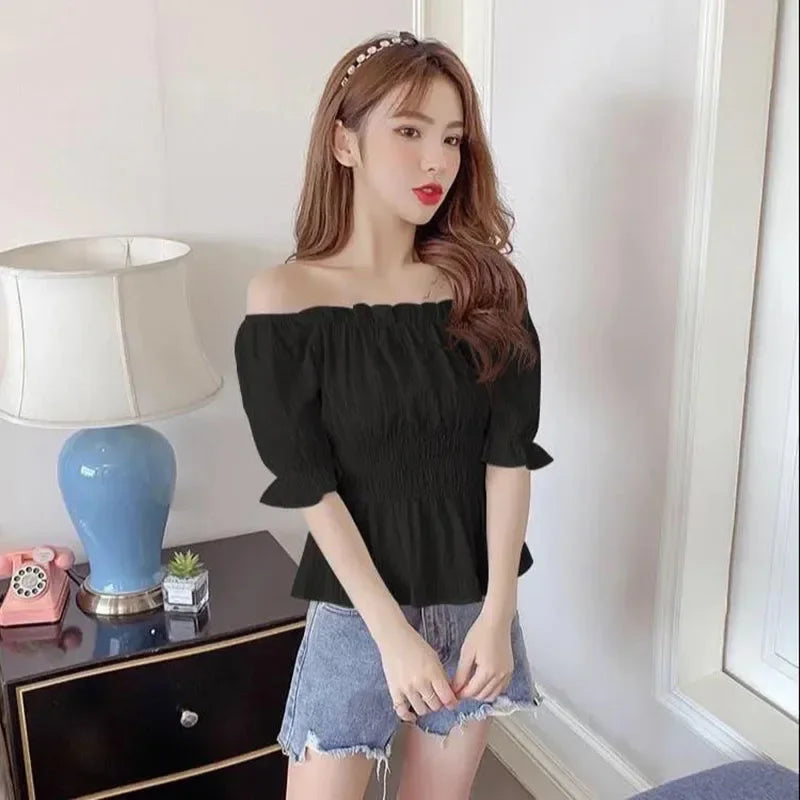 Short Chiffon Shirt Square Neck Top Puff Sleeve Design Women's Short Sleeve Thin Shirt  Womens Blouses Wholesale