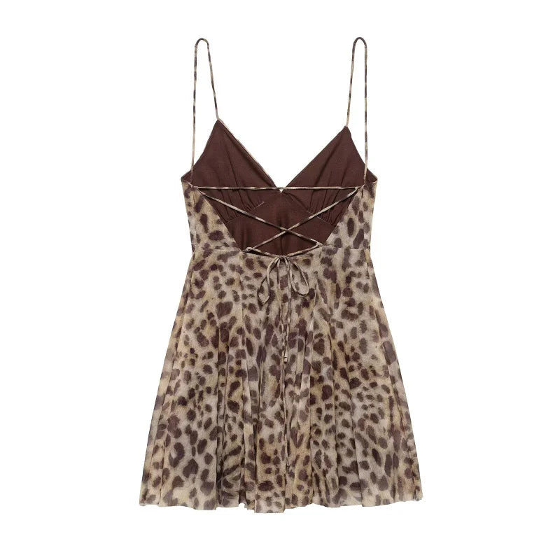 Women's vacation Style printed silk mesh sexy V-neck halter short Dress Hot Girl Dress