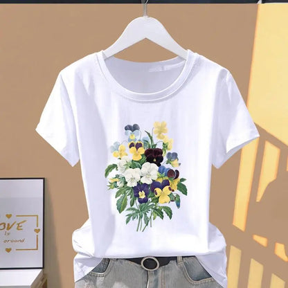 Classic best-selling pink trapezoid pattern printed women's round-neck short-sleeved T-shirt, fashionable sporty Summer Modal