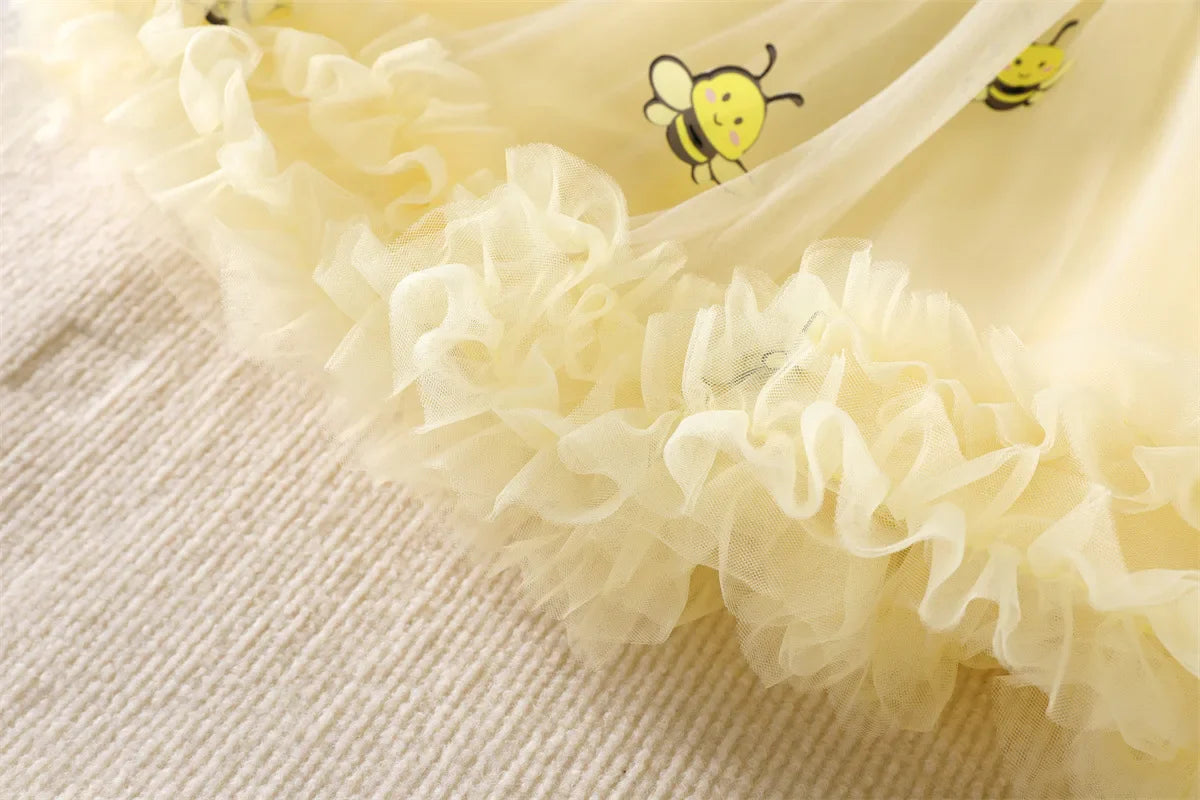 2026 Summer 12M-5Y Childrens Clothes Cute Bee Print Girls Dress with Tulle Skirt Sleeves Fluffy Dress for Girls