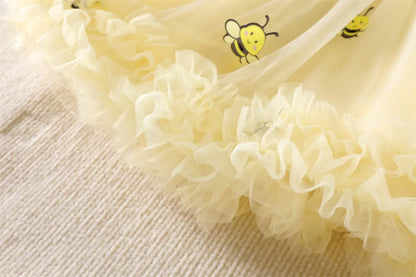 2026 Summer 12M-5Y Childrens Clothes Cute Bee Print Girls Dress with Tulle Skirt Sleeves Fluffy Dress for Girls