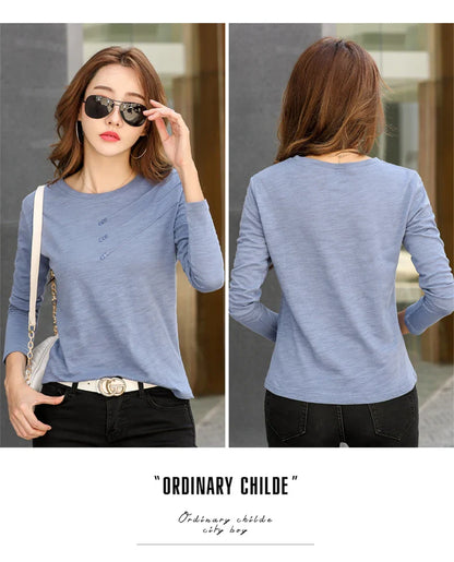Summer Women Ribbed Cotton Tee-Shirts Female Button Loose Casual Fashion T-shirts 2026 Long Sleeve O-Neck Korea Tops