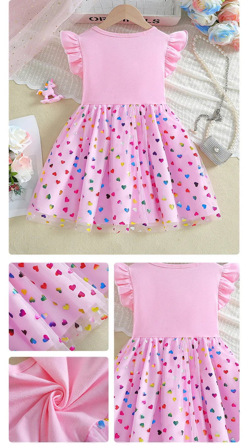 2026 Korean Style Girls Summer Unicorn Print Dress Short Sleeve Tulle Princess Gown Kids Casual Party Clothes for South Korea