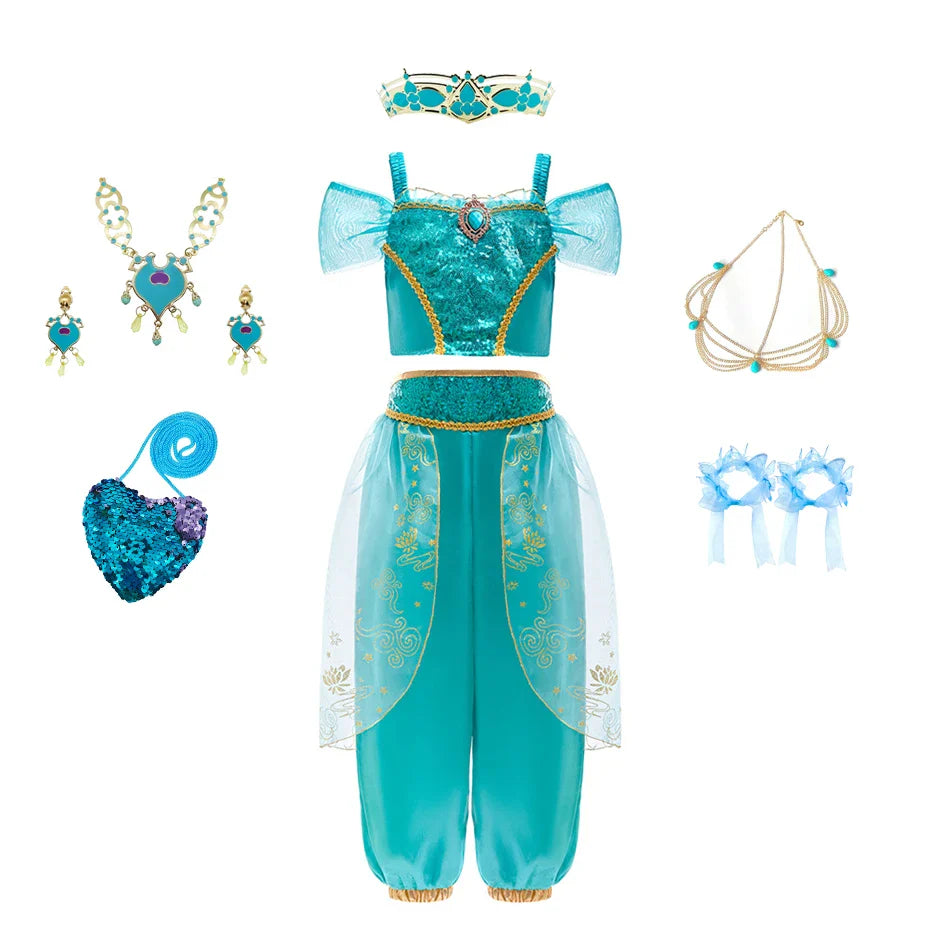 Girl Jasmine Two-piece Set Halloween role-playing Jasmine Princess Suit + Magic Lamp Props Stage Performance Costume