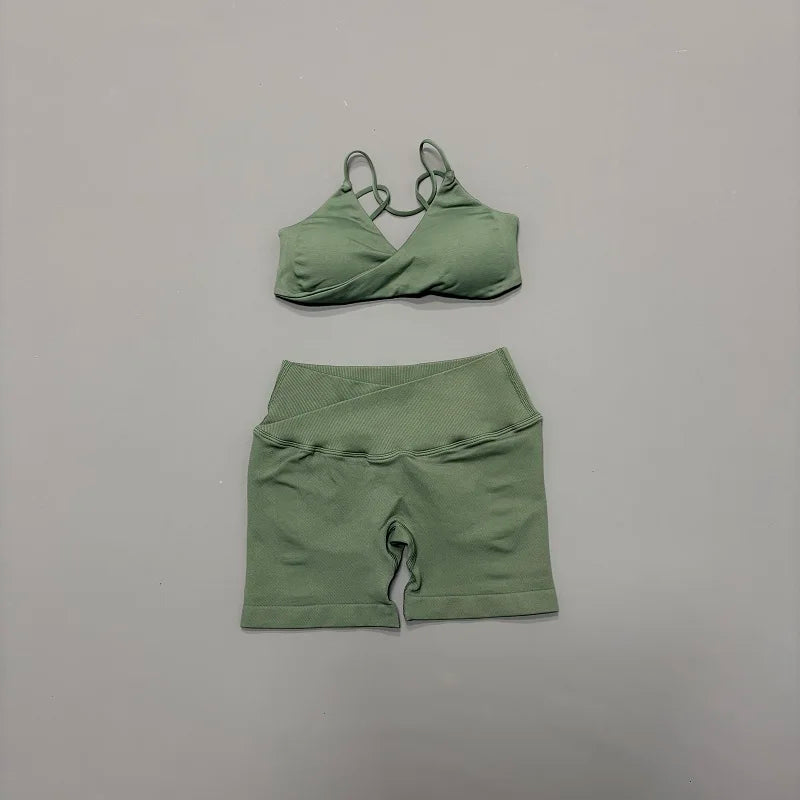 Women 2 Piece Gym Set Seamless Yoga Sports Bra V Neck Twist Front Tummy Control Butt Lifting Shorts Fitness Running Workout Set