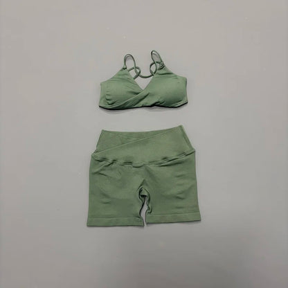 Women 2 Piece Gym Set Seamless Yoga Sports Bra V Neck Twist Front Tummy Control Butt Lifting Shorts Fitness Running Workout Set