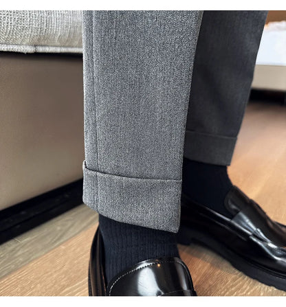 New Spring Autumn High Waist Smart Casual Dress Pants Men Belt Design Slim Suit Pants Formal Wedding Social Party Mens Trousers
