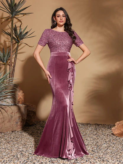 Round neck short sleeve sequined velvet ruffled decorative hip dress