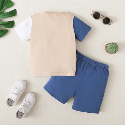 2PCS Handsome Child Boy Clothes Set Color Block Short Sleeve T-shirt+Shorts Fashion Summer Leisure Time Outfit Kid Boy 1-6 Years