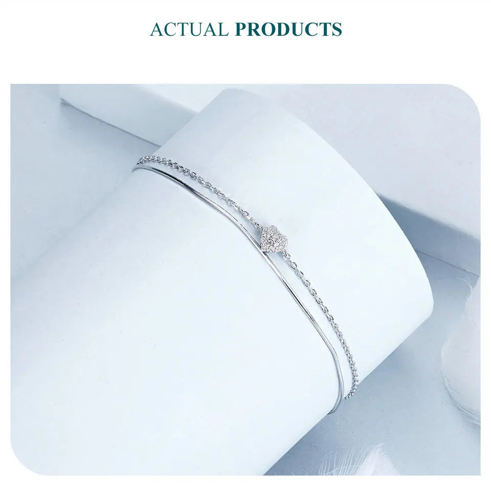 925 Sterling Silver Sparkling Heart Double Layer Bracelet for Women Adjustable Lock Chain Bracelet Fine Jewelry Gift