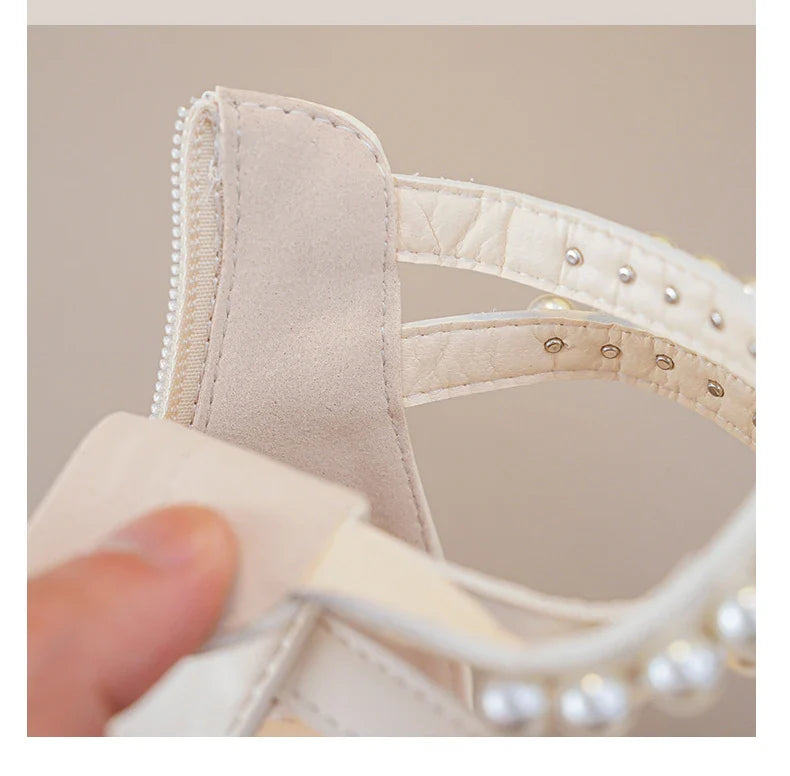 Children's Sandals for Girls Elegant Sandals Pearl Beading Sweet Princess Dress Shoes Kids High-top Roman Sandals Back Zipper