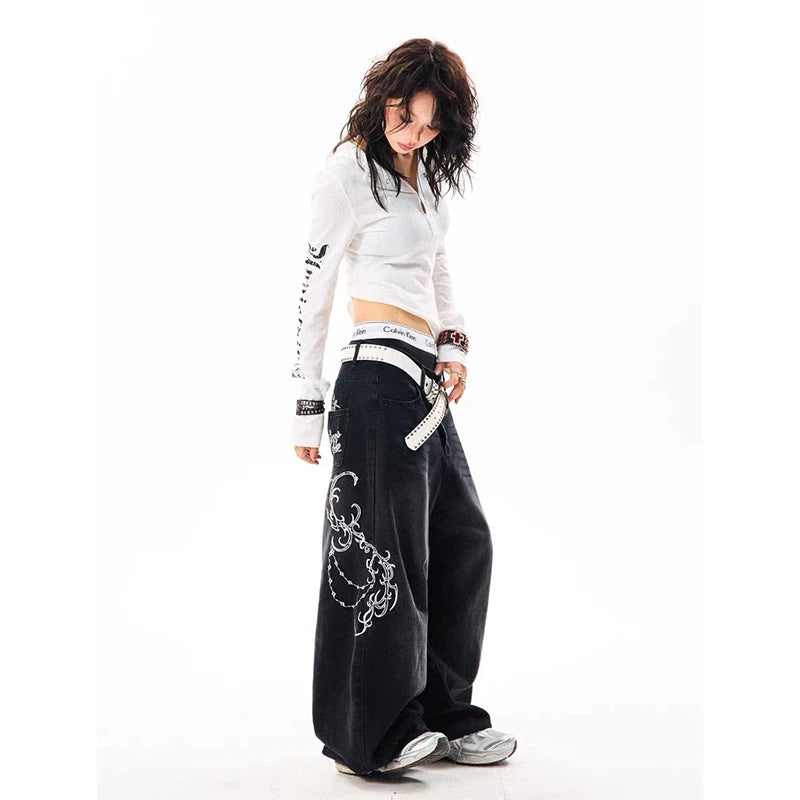 Women Vintage Embroidery Y2K Baggy Jeans Female High Waist 2000s Wide Leg Denim Pants American Retro Harajuku Trouser