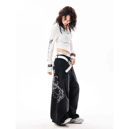 Women Vintage Embroidery Y2K Baggy Jeans Female High Waist 2000s Wide Leg Denim Pants American Retro Harajuku Trouser