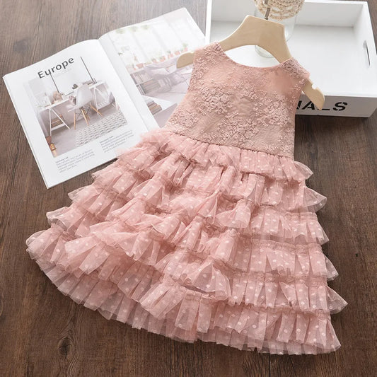 3-8 anos Vestido Elegante para Meninas Vestido de Tule em Camadas Sem Mangas Fantasia de Princesa para Casamento Festa Roupas de Bebê Menina Criança A1123