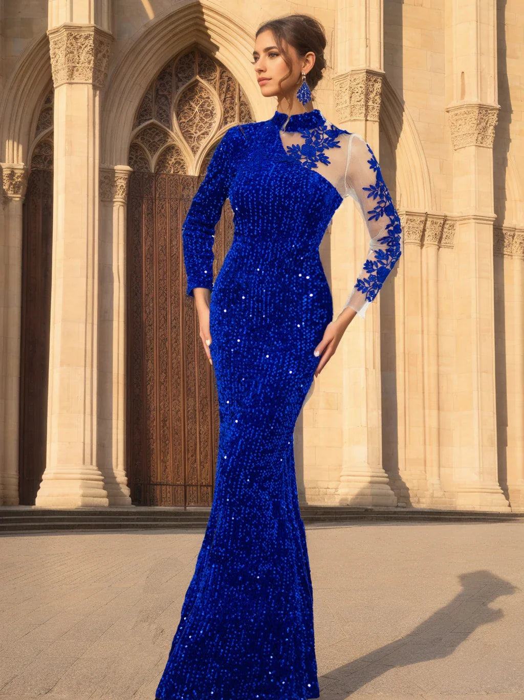 Royal Blue Full Sleeved Lace Floral Sequined Velvet Evening Dress High Neck Hollow Out Long Prom Gown