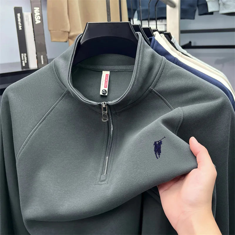 Half zip hoodie men's long sleeved t-shirt autumn plus size middle-aged and young embroidered pony logo collar polo shirt top