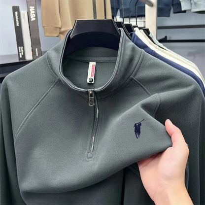Half zip hoodie men's long sleeved t-shirt autumn plus size middle-aged and young embroidered pony logo collar polo shirt top