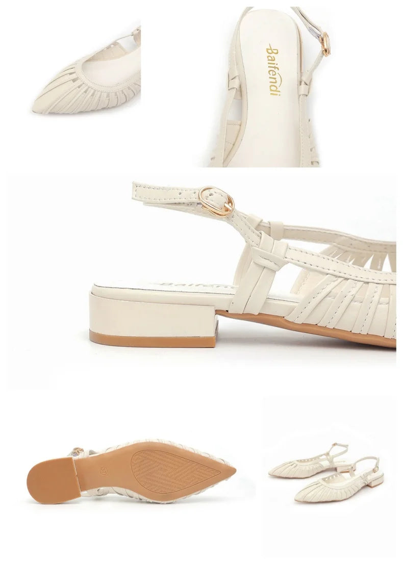 Elegant Pointed Toe Slingback Sandals for Women Summer - Pleated Mesh Low Block Heel Pumps - Adjustable Buckle Strap Dress Shoes
