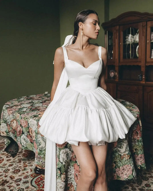 Ivory Satin Short Wedding Dress Ball Gown Mini Bridal Gowns Customized Vestidos De Novia
