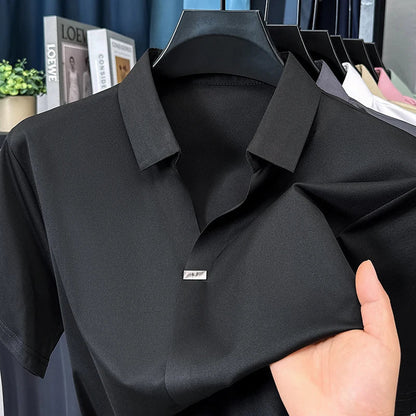 High quality ice silk short sleeve T-shirt men's lapel top trendy brand design cool silky breathable summer casual polo shirt