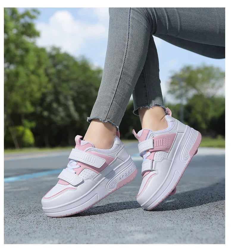 Autumn 2025 Kids Walking Shoes Detachable Double Wheel Roller Skates Boy Leather Student Shoe Four Wheeled Children Shoes Girl