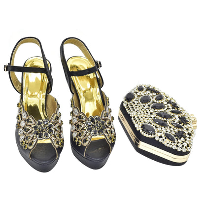 New Arrival Italian Party Shoes and Bag Set Decorated with Rhinestone African Women Wedding Shoes Bride Plus Size Women Shoes 43