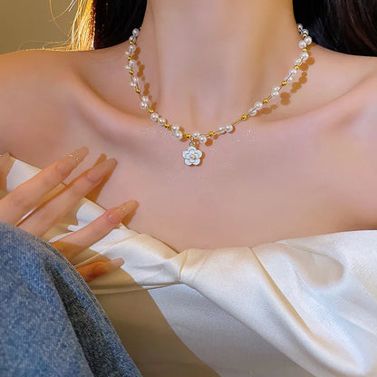 Romantic Niche Pink Sweet Flower Collarbone Chain Versatile Temperament Necklace Women's Pearl Fringe Collarbone Chain