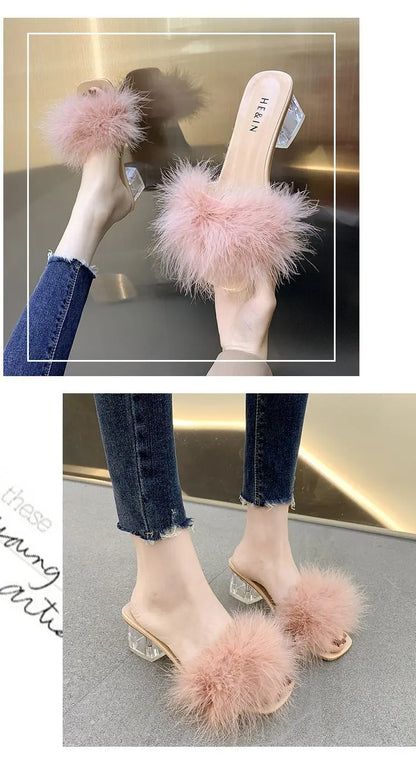 2023 Fluffy Peep Toe Sexy High Heels Women Shoes Fur Feather Lady Fashion Wedding Slip-On Pink Square Toe Women Sandals