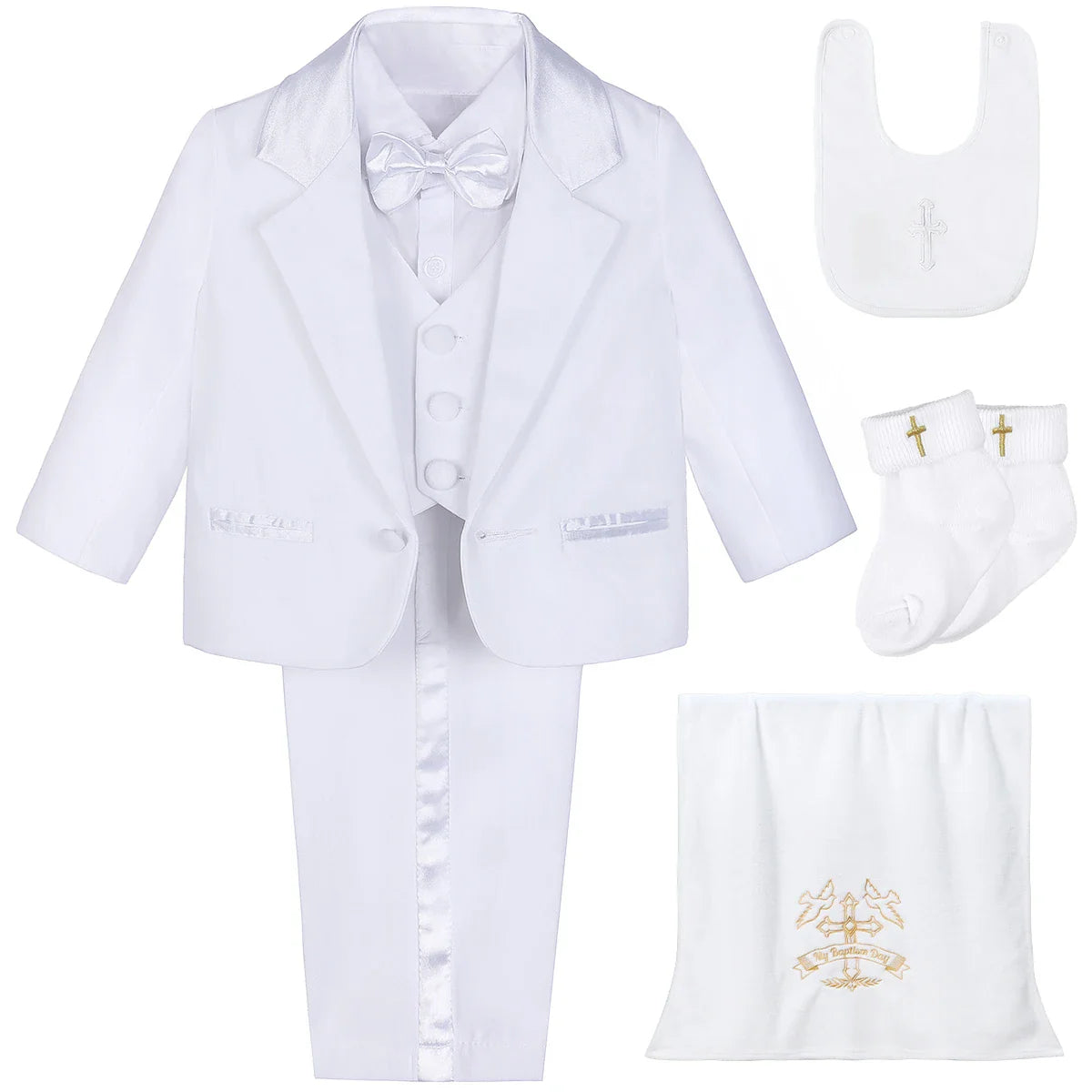 Baby Boy Baptism Outfit Infant White Christening Suit with Hat Toddler Wedding Birthday Party Clothing Long Sleeved Tuxedo 5PCS