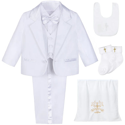 Baby Boy Baptism Outfit Infant White Christening Suit with Hat Toddler Wedding Birthday Party Clothing Long Sleeved Tuxedo 5PCS
