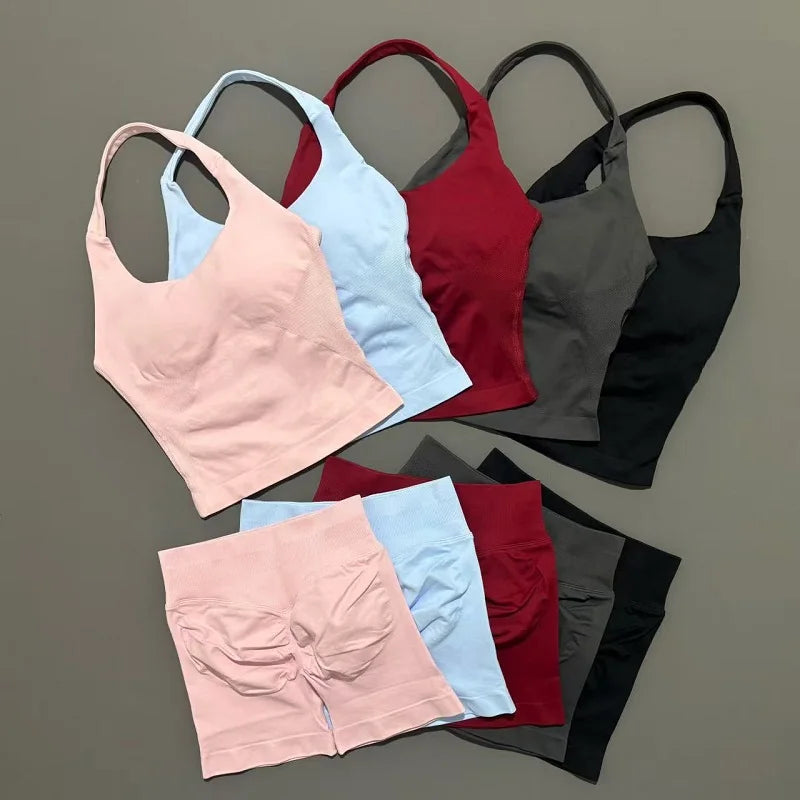 Women Seamless Gym Set 2Pcs Halter Neck Sports Crop Top High Waist Scrunch Butt Shorts Workout Fitness Yoga Tracksuit Sportswear