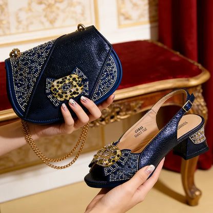 Elegant Purple Rhinestone Peep Toe High Heels for Women - Italian Design Sandals with Matching Handbag Set