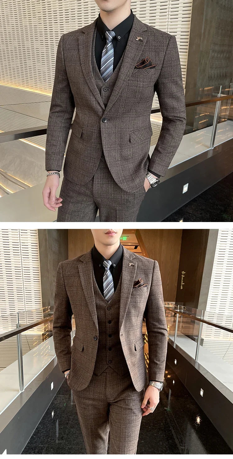 Boutique Suits (Blazer+ Vest + Pants) Men Fashion Hosting Work Business Wedding Casual Linen Art Style Elegant Gentleman's Suit