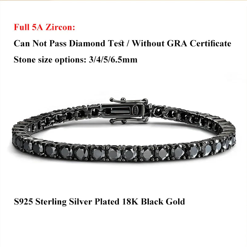 Full 3/4/5/6.5mm Black Moissanite Tennis Bracelet for Men Women Unisex 925 Silver Plated 18K Black Gold Hip Hop Bracelets