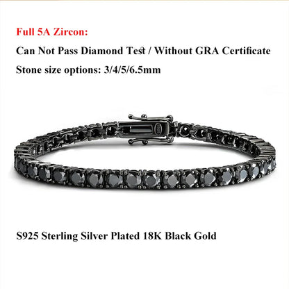 Full 3/4/5/6.5mm Black Moissanite Tennis Bracelet for Men Women Unisex 925 Silver Plated 18K Black Gold Hip Hop Bracelets