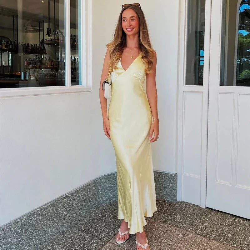 Yellow Dresses Women Satin V Neck Midi Dress Summer Backless Strap Slip Dresses Elegant Evening Party Dress 2025 Vestidos