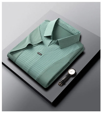 Personality jacquard splicing short sleeve Polo shirt men ice silk breathable high quality fashionable buttonless V-neck T-shirt