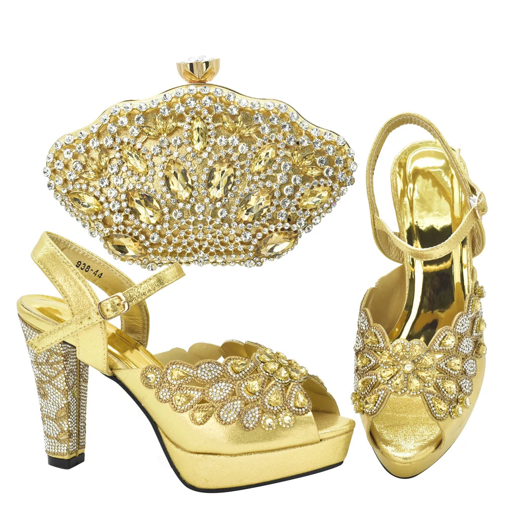 New Arrival Italian Party Shoes and Bag Set Decorated with Rhinestone African Women Wedding Shoes Bride Plus Size Women Shoes 43
