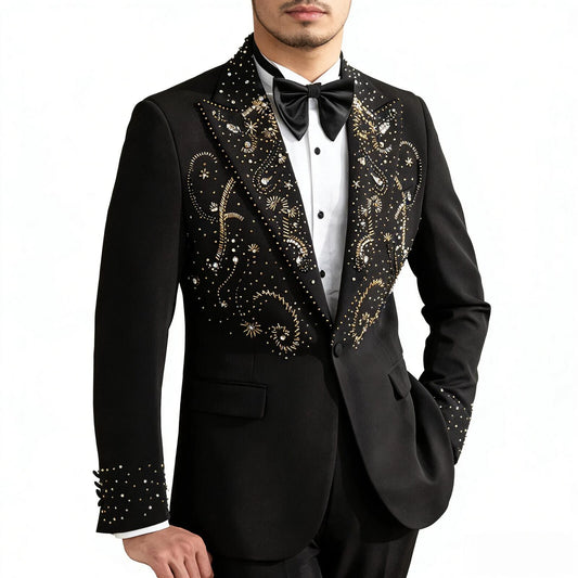 2 Piece Suit for Men Luxury Mens Suit For Wedding Host Banquet Handmade Beaded Western Suit French Elegant Black Blazer