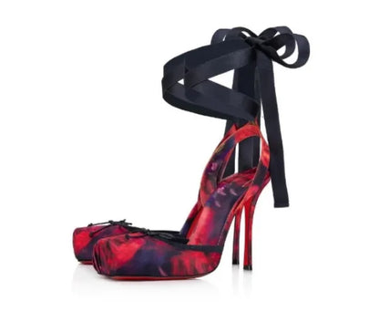 New style high heels with straps, satin toe cover, hollow square bow, thin heel, ballet style single shoes35-46
