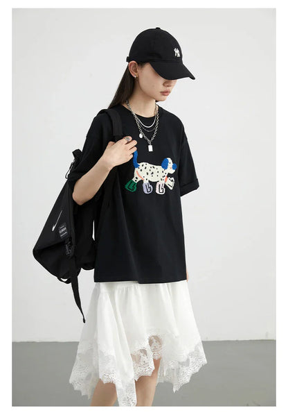 CHIC VEN Camisetas Femininas Soltas Streetwear Unissex Divertido Cão Bordado Manga Curta Algodão Blusas Menina Femininas Verão 2025