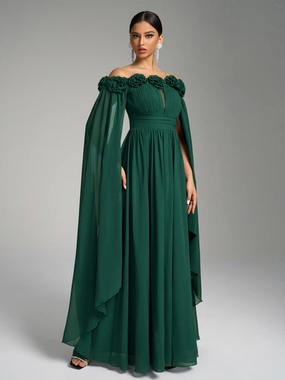 Vestido de Um Ombro Só com Mangas Bufantes Grandes, Aplique Floral no Corpete e Cintura Plissada, em Chiffon, Efeito Emagrecedor