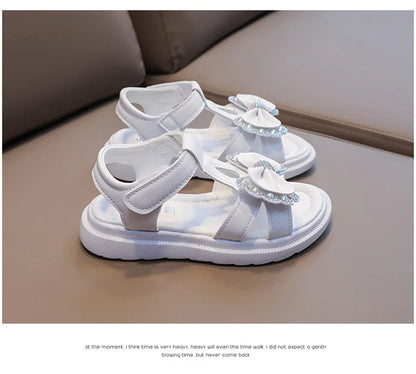 Girl Sandal Kid Summer Elegant Bling Rhinestone Party Princess Beach Shoes Cute Bowknot School Shoes for Kids Flat Heel F05201